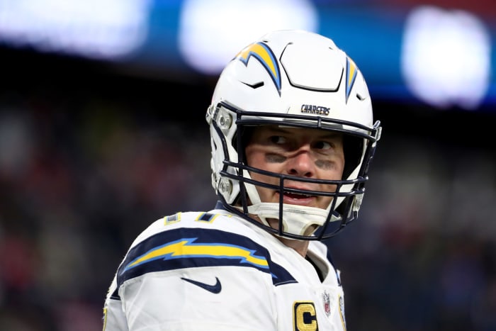 A closeup of Los Angeles Chargers QB Philip Rivers