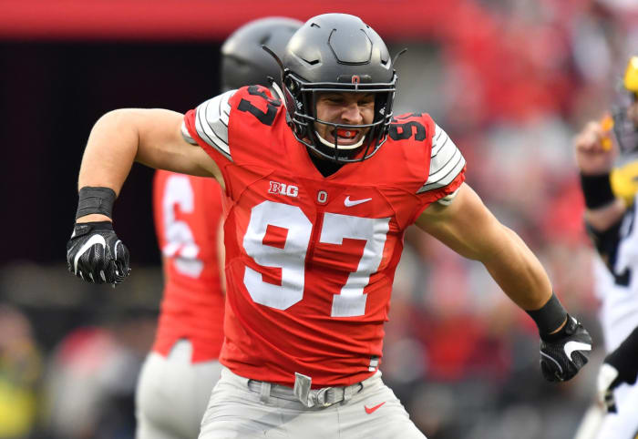 Nick Bosa celebrates a sack during game against Michigan.
