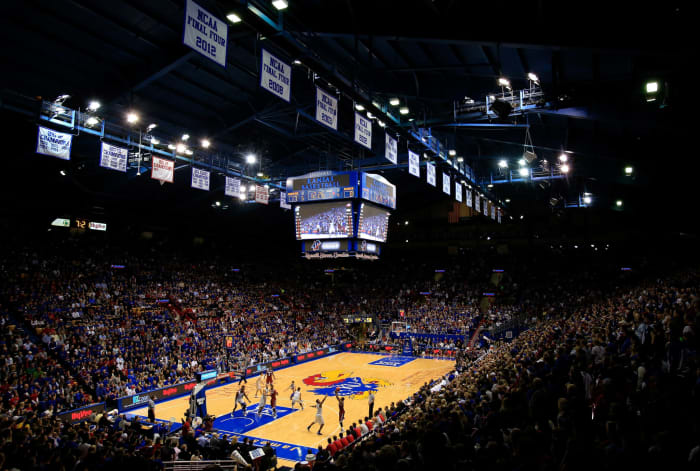 A general view of the Kansas Jayhawks basketball court.