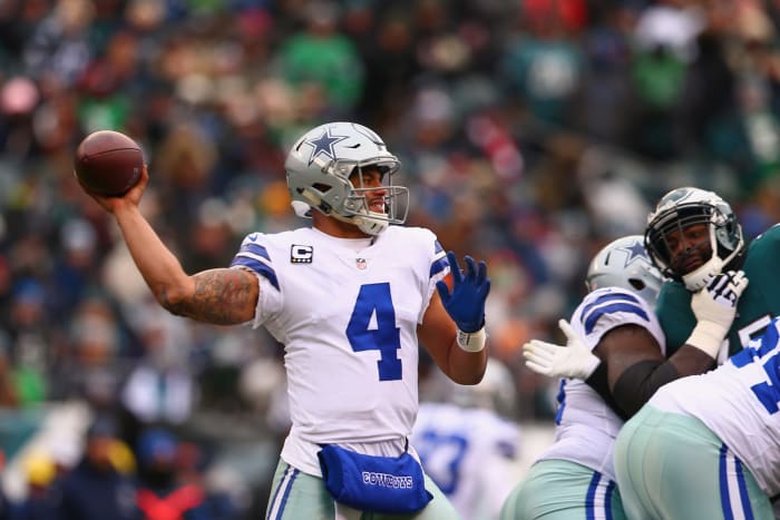 Dak Prescott winding up to throw the ball.