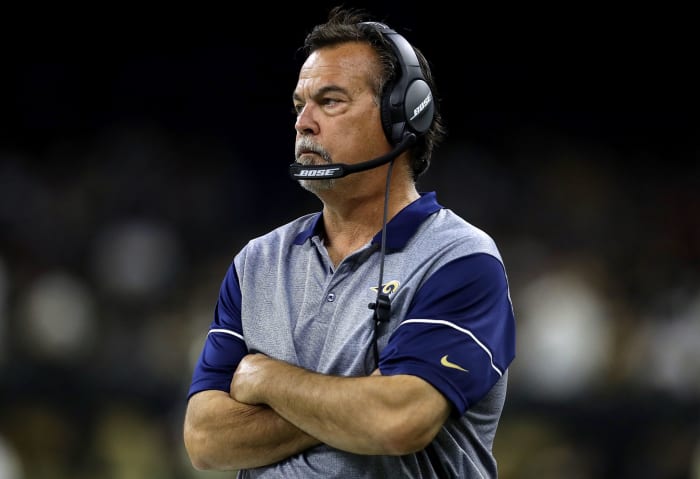 A closeup of Jeff Fisher on the Rams sideline.