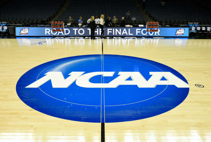 A general view of the NCAA logo at center court.