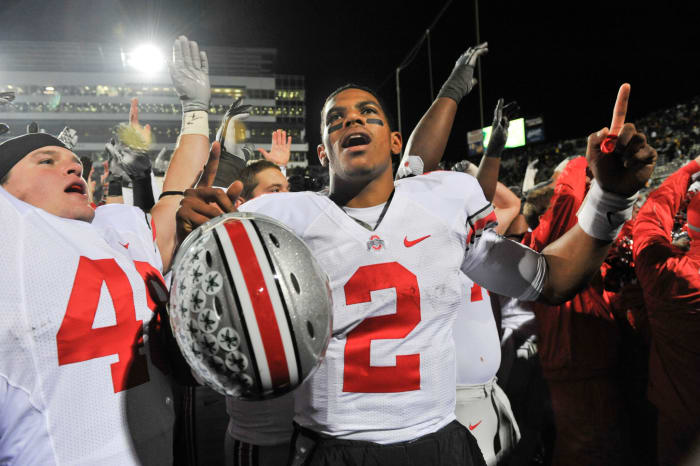 Terrelle Pryor celebrates a win over Iowa.