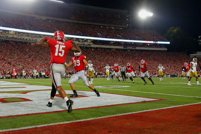 Georgia celebrates in the first half against Notre Dame.