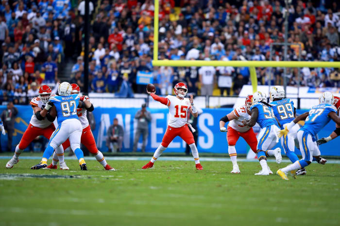 Patrick Mahomes throws a pass against the Chargers in Mexico.