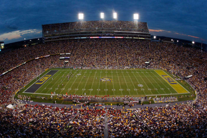 Fans watch during the game between the Louisiana State University Tigers and the University of Louisiana-Lafatette Ragin' Cajuns at Tiger Stadium.