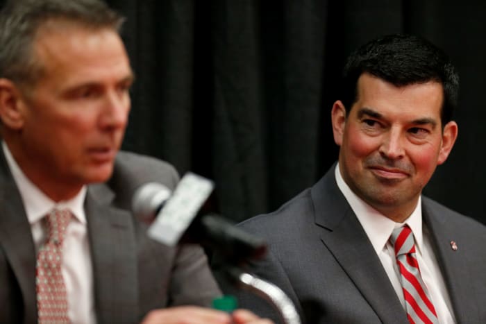 Ohio State coaches Urban Meyer and Ryan Day at a press conference.