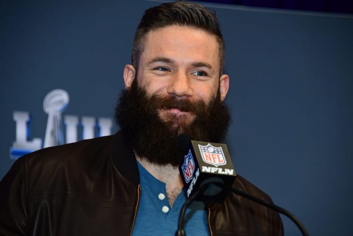 Julian Edelman speaking to the media.
