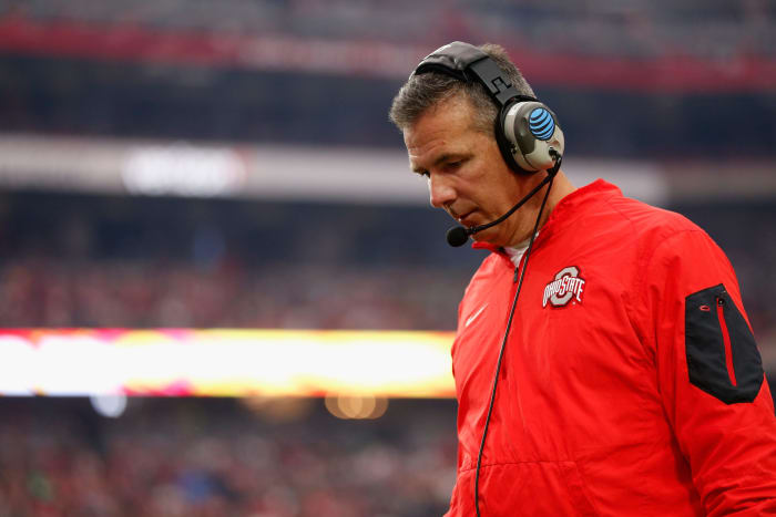 A closeup of Urban Meyer during an Ohio State football game.