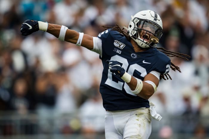 Penn State player Jonathan Sutherland celebrates a play.