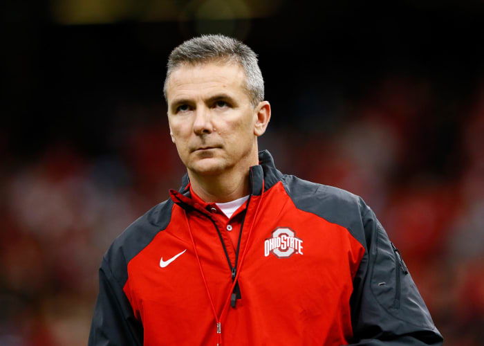 A closeup of Urban Meyer during an Ohio State football game.