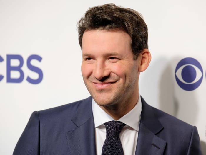 tony romo smiles during the cbs upfronts