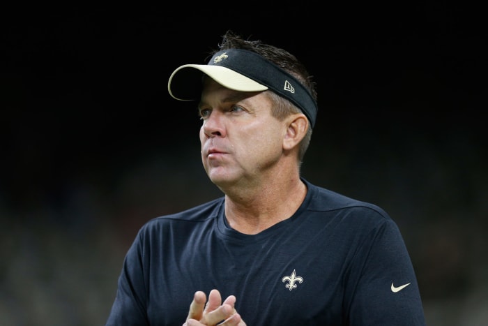 A closeup of New Orleans Saints coach Sean Payton wearing a black visor.
