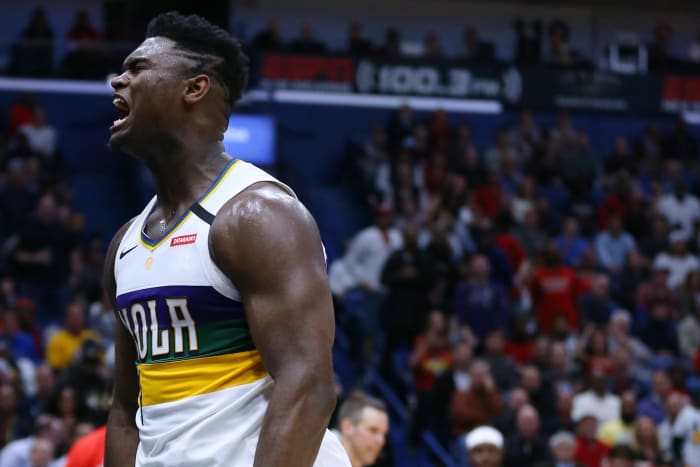 Zion Williamson gets excited during a game vs. Milwaukee.