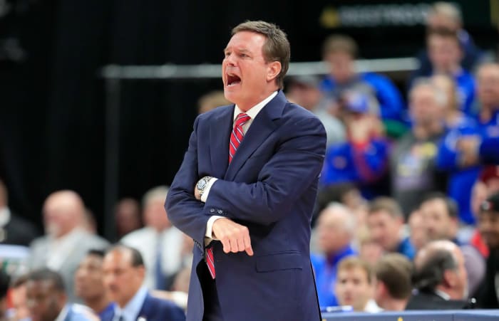 Bill Self yells at his players during a Kansas game.