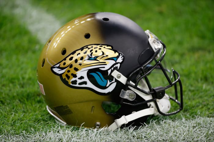 A closeup of a Jaguars football helmet.