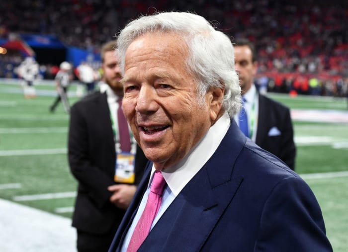 Robert Kraft smiles at the Super Bowl.