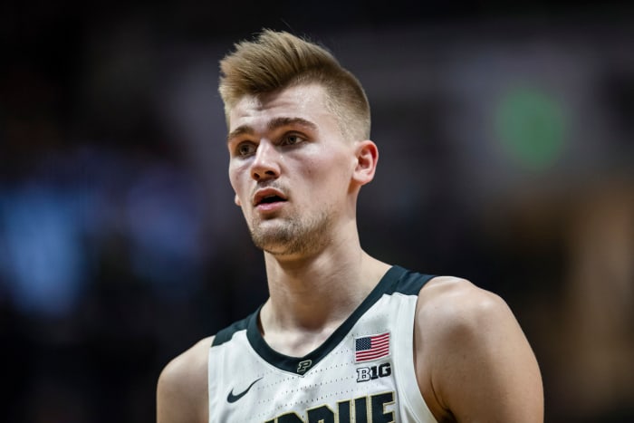 Purdue big man Matt Haarms on the floor against Northwestern.