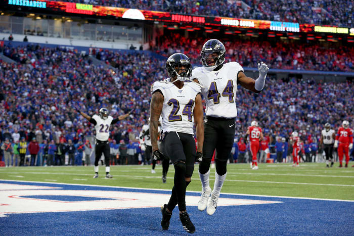 Marcus Peters celebrates alongside Marlon Humphrey.