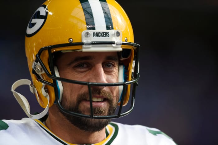 A closeup of Aaron Rodgers in his Green Bay Packers helmet