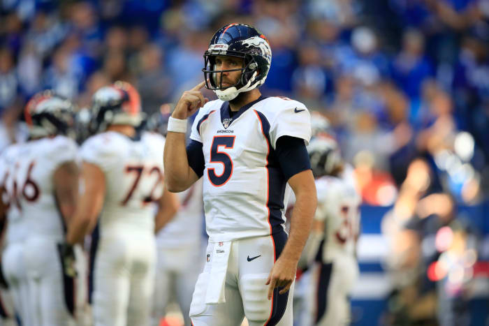 Joe Flacco takes the field for the Denver Broncos.