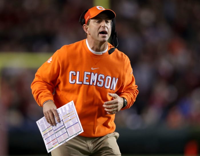 Clemson head coach Dabo Swinney yelling during a game.
