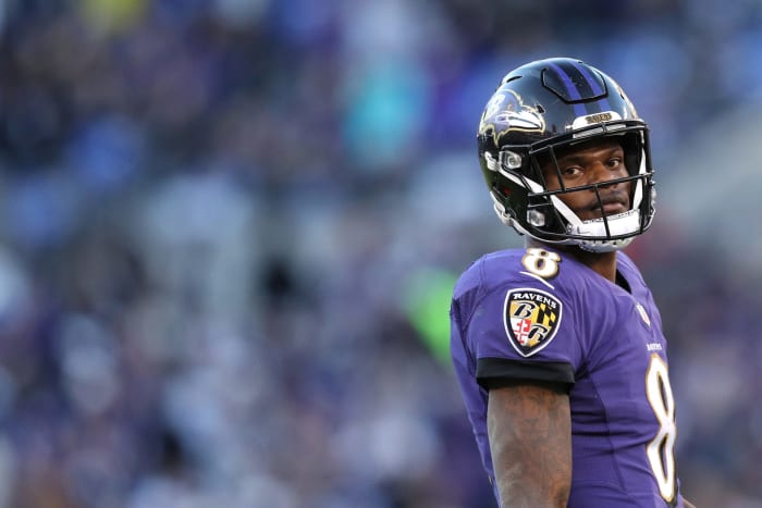 A closeup of Lamar Jackson during a Baltimore Ravens.