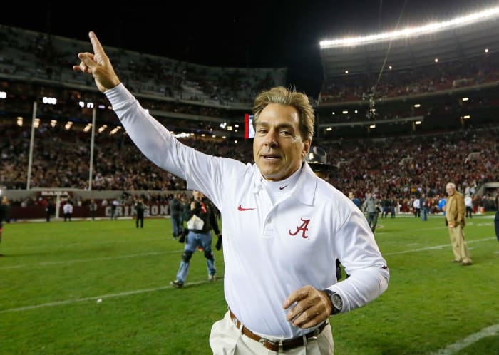 Head coach Nick Saban of the Alabama Crimson Tide celebrates their 38-17 win over the LSU Tigers at Bryant-Denny Stadium.