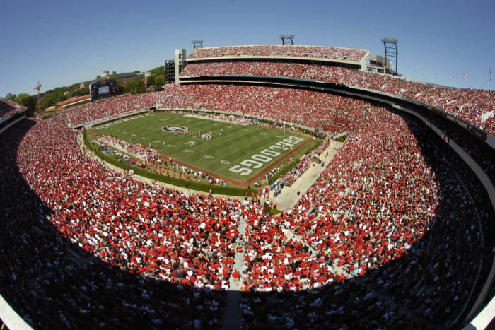 Fans of the Georgia Bulldogs watch play against the Mississippi Rebels.