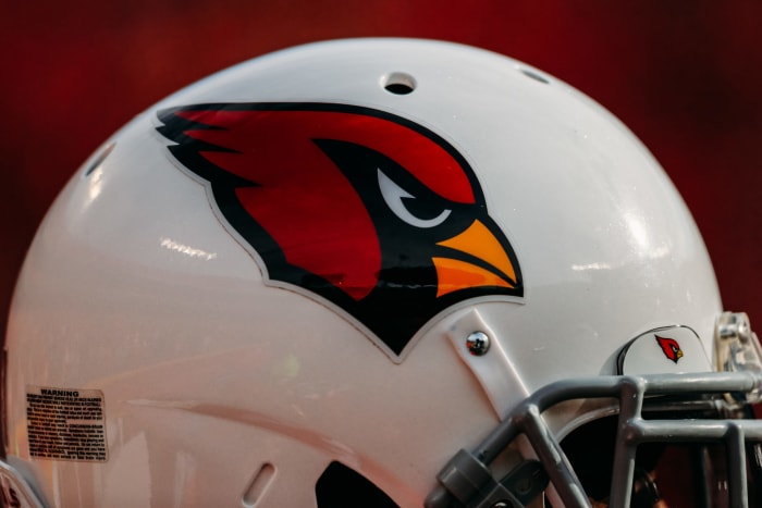 A closeup of an Arizona Cardinals helmet.