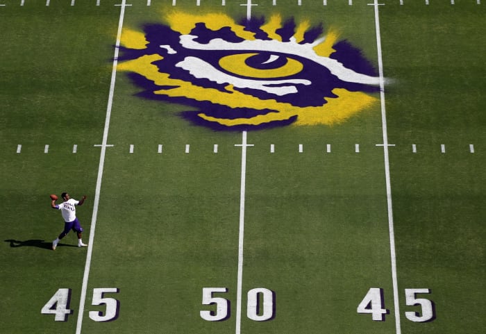 A closeup of LSU's Tiger eye logo.