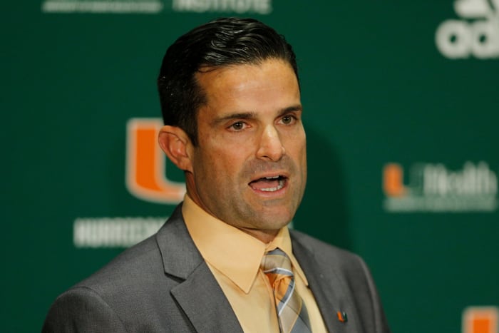 A closeup of Manny Diaz at a Miami Hurricanes press conference.
