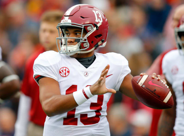 Tua Tagovailoa of the Alabama Crimson Tide warms up prior to the game against the Auburn Tigers.