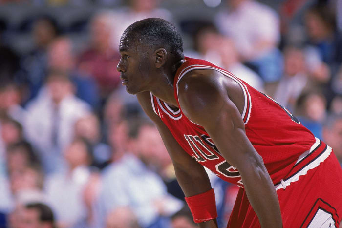 A solo shot of Michael Jordan on the court for the Chicago Bulls.