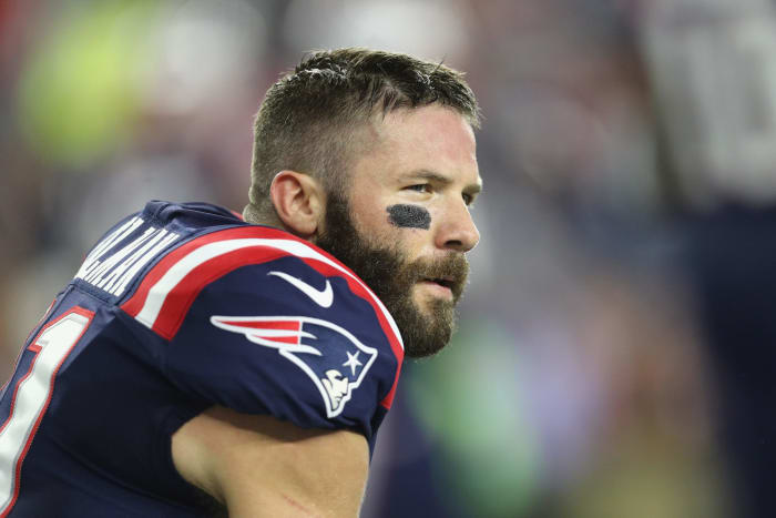 Julian Edelman of the New England Patriots looks on.