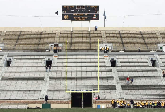 An interior view of an empty Notre Dame football stadium.