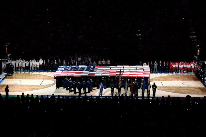 A view of the National Anthem prior to the 2019 NCAA Tournament National Title game.