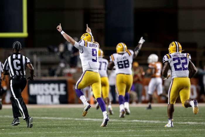 LSU quarterback Joe Burrow celebrates huge college football victory against Texas. The Tigers are now No. 1 in the AP Poll this week.