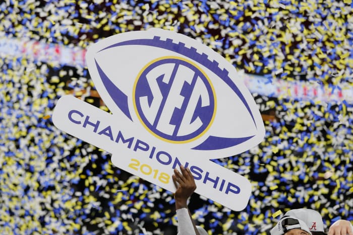 Confetti falls after the Alabama Crimson Tide defeated the Georgia Bulldogs 35-28 in the 2018 SEC Championship Game