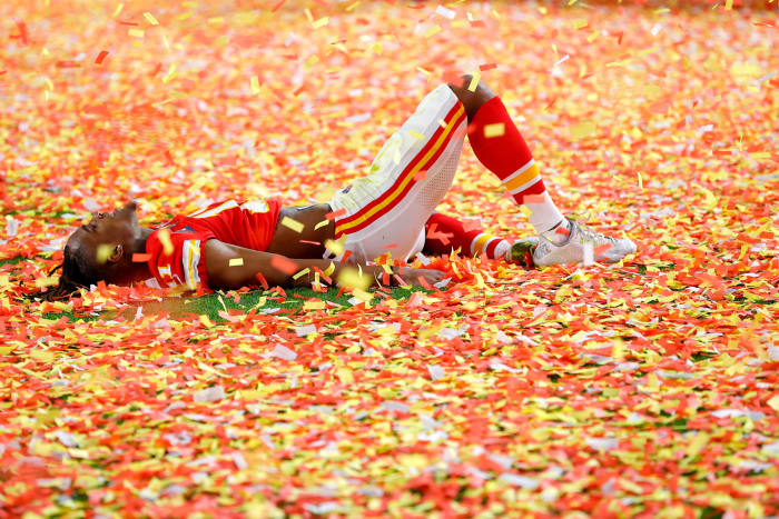Demarcus Robinson celebrates the Kansas City Chiefs Super Bowl win.