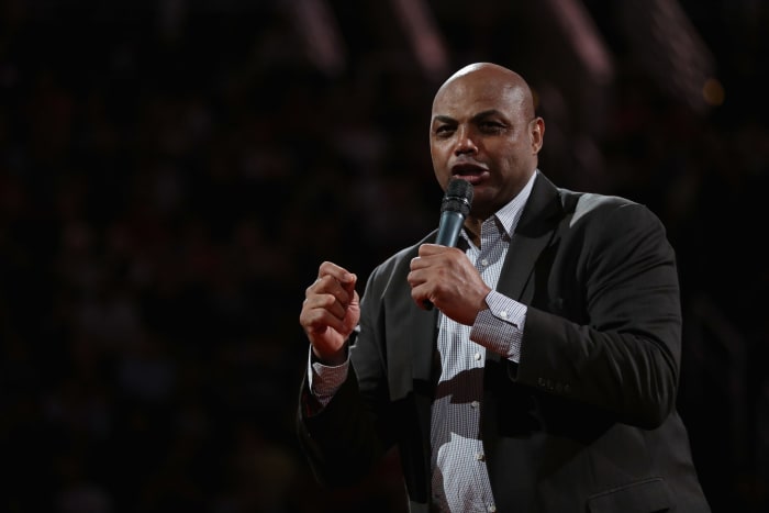 Charles Barkley speaking during halftime of an NBA game.