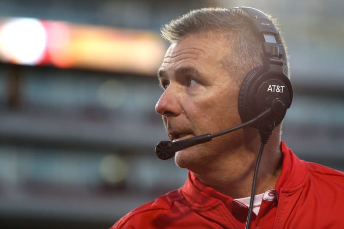 A closeup of Urban Meyer during an Ohio State football game.