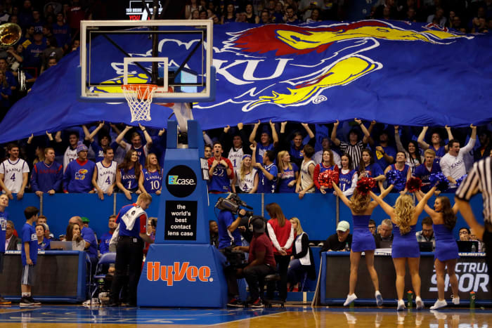 General view of a Kansas Jayhawks basketball game.