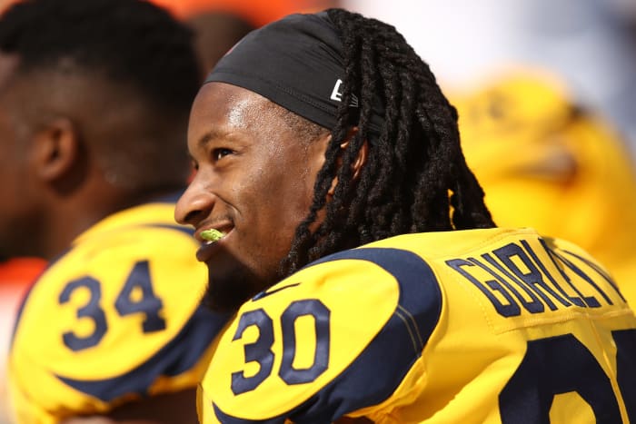 A closeup of Rams RB Todd Gurley in the team's alternate yellow uniforms.