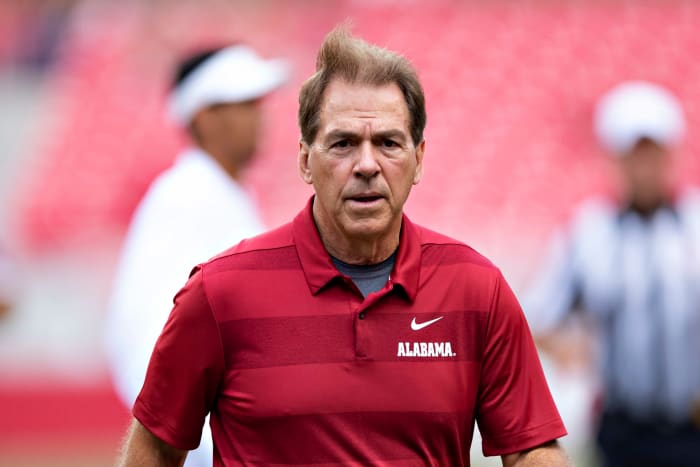 A closeup of Alabama football coach Nick Saban.