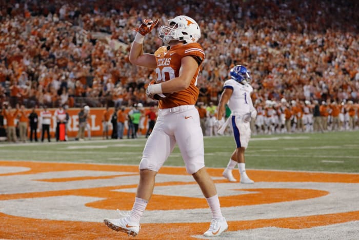 Texas TE Cade Brewer celebrates a touchdown reception.