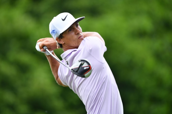 Thorbjorn Olesen of Denmark tees off at BMW International Open.