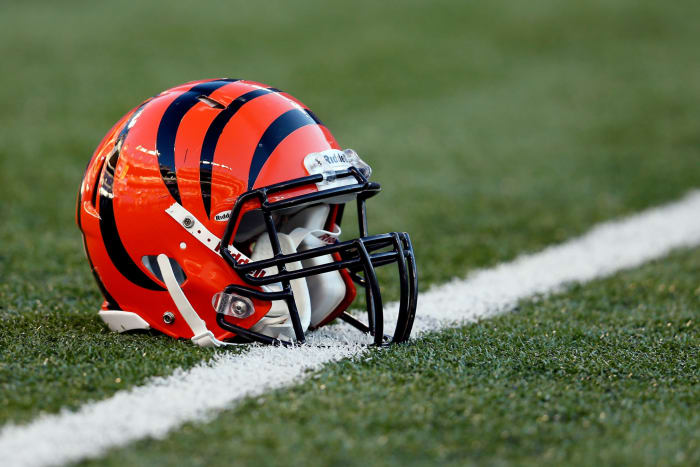 A general photo of a Cincinnati Bengals helmet on the field.