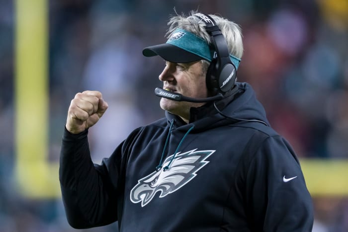 A closeup of Philadelphia Eagles coach Doug Pederson