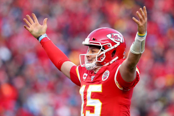 Kansas City Chiefs quarterback Patrick Mahomes celebrates the AFC Championship Game win.